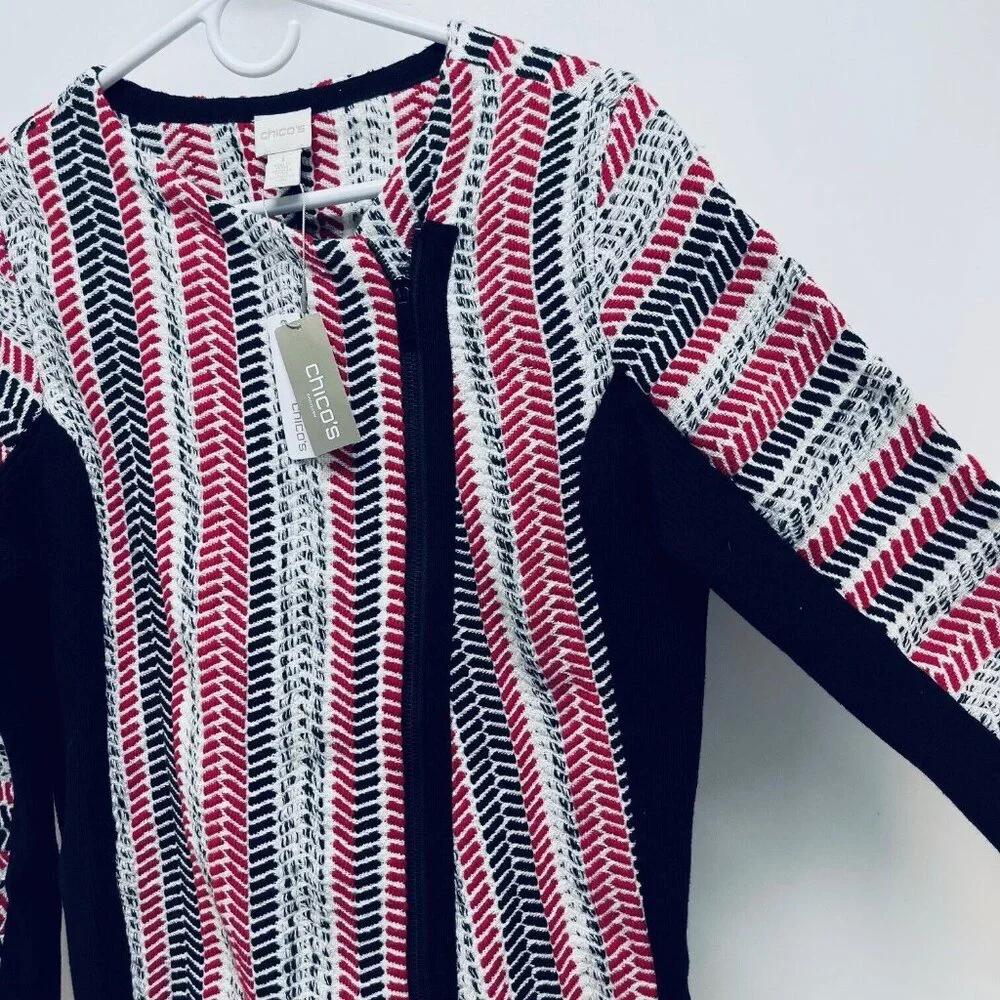 Chico’s Sweater Moto Jacket Size 1 Women’s Red White Black Pullover New - Picture 4 of 16